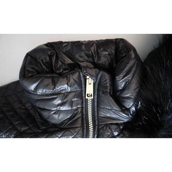 Michael Kors Women Sz M Black Faux-Fur-Trim Mixed Media Hooded Quilted Coat - Picture 9 of 16